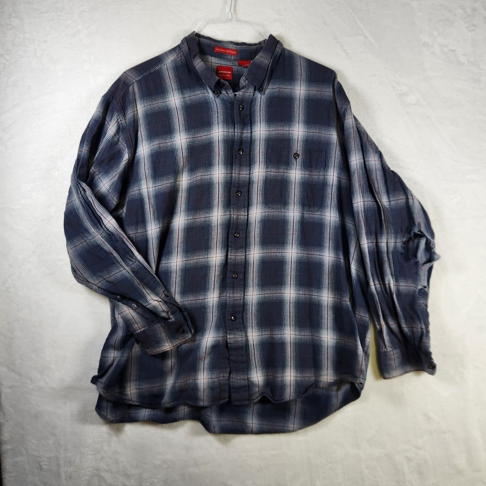 Mens Arrow Vintage‎ Cotton Blue Plaid Long Sleeve Button Up Flannel 2XL Thrashed
